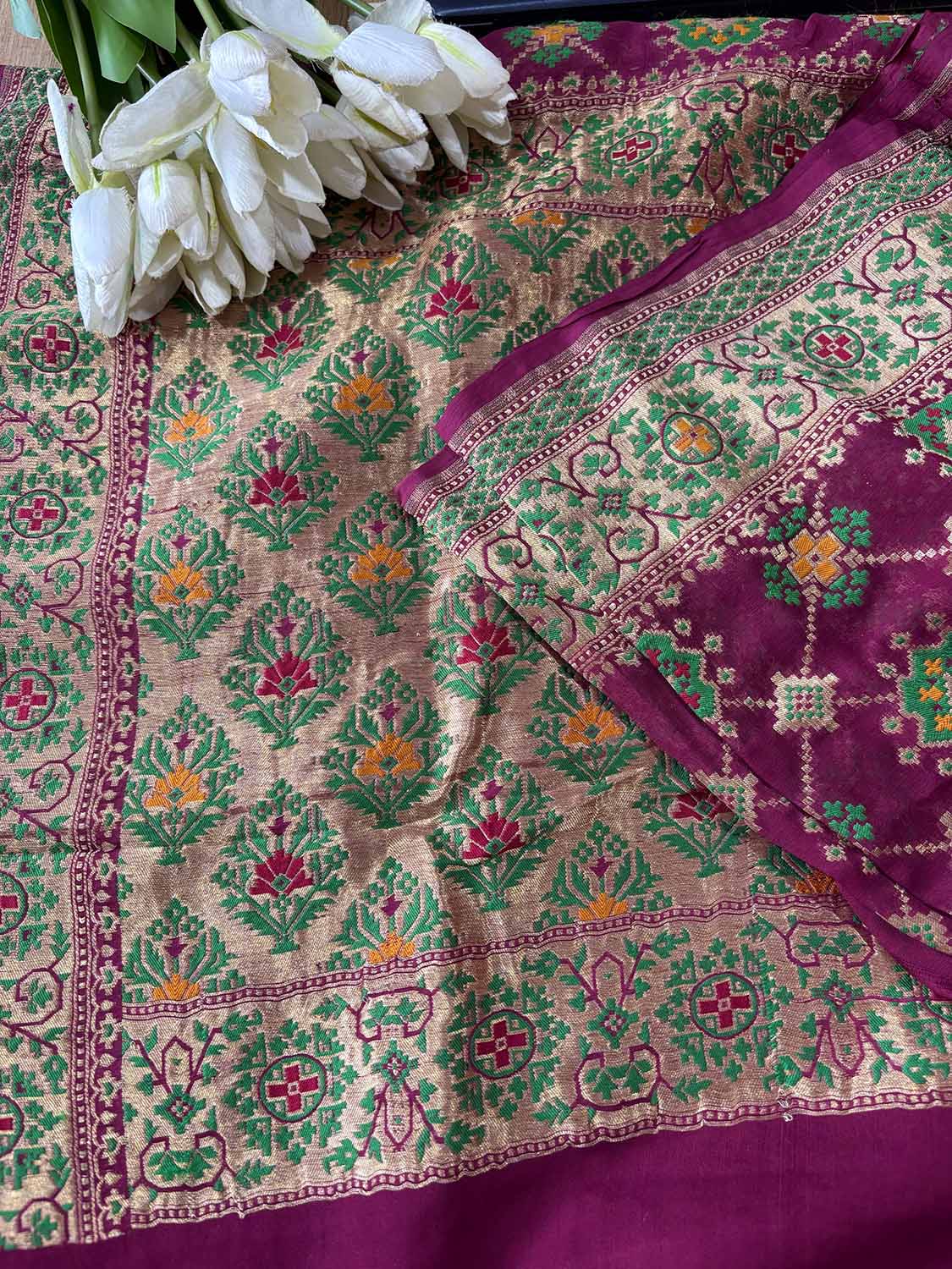 Purple Handloom Banarasi Pure Georgette Patola Design Meenakari Saree - Luxurion World