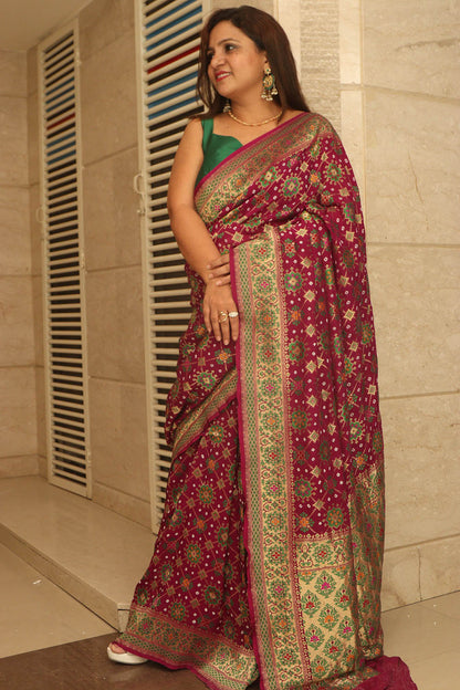 Purple Handloom Banarasi Pure Georgette Patola Design Meenakari Saree - Luxurion World