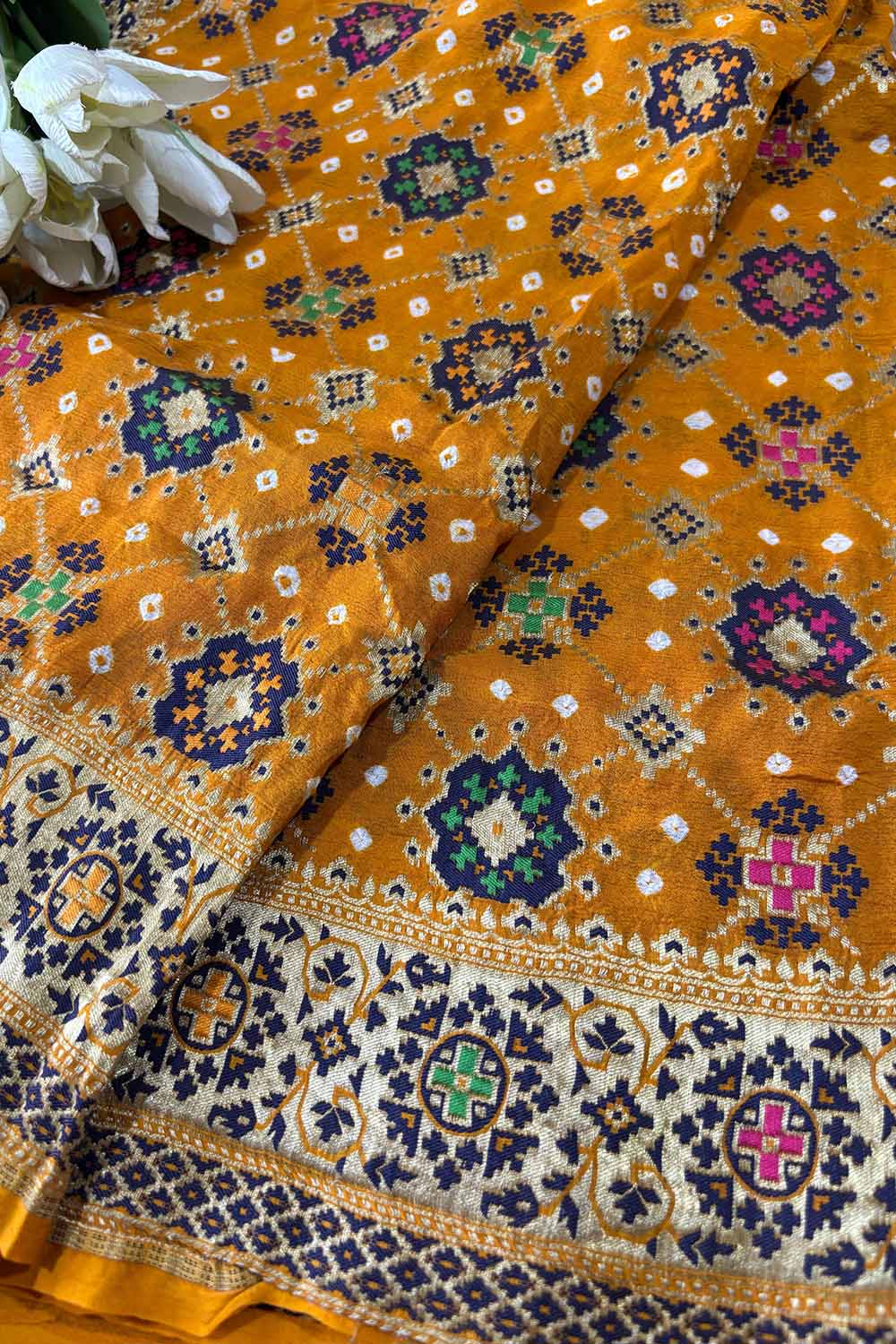 Yellow Handloom Banarasi Pure Georgette Patola Design Meenakari Saree - Luxurion World