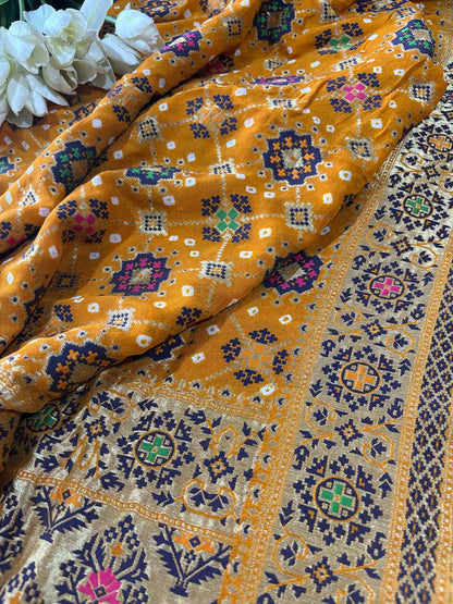 Yellow Handloom Banarasi Pure Georgette Patola Design Meenakari Saree - Luxurion World