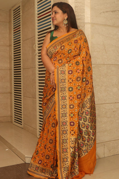 Yellow Handloom Banarasi Pure Georgette Patola Design Meenakari Saree - Luxurion World