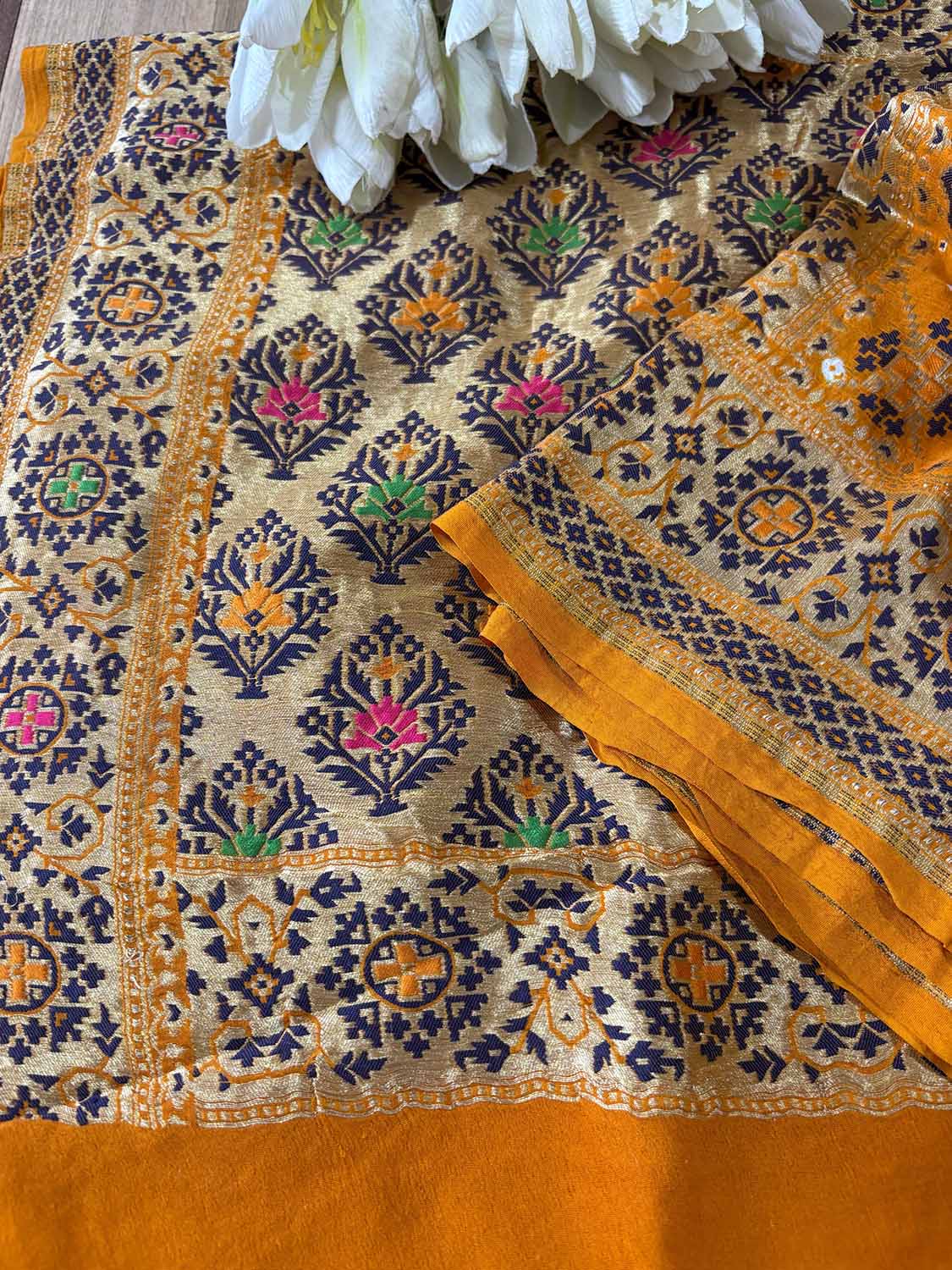 Yellow Handloom Banarasi Pure Georgette Patola Design Meenakari Saree - Luxurion World