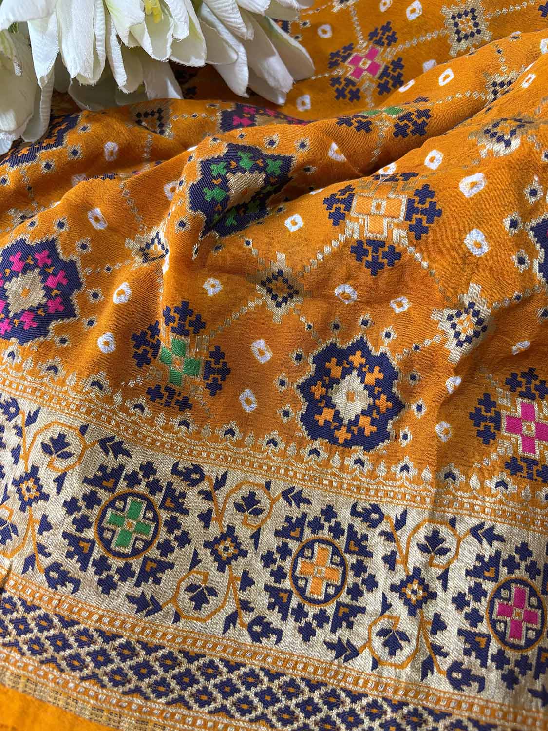 Yellow Handloom Banarasi Pure Georgette Patola Design Meenakari Saree - Luxurion World