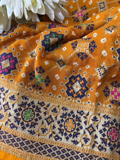 Yellow Handloom Banarasi Pure Georgette Patola Design Meenakari Saree - Luxurion World