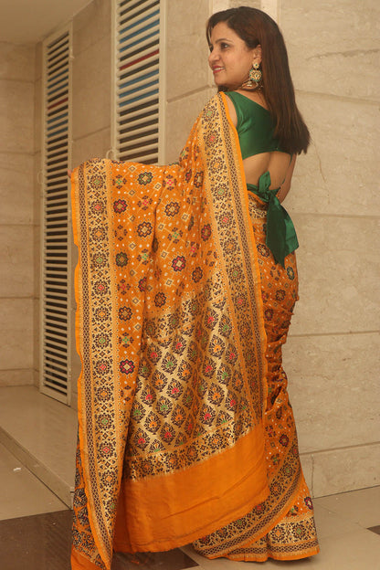 Yellow Handloom Banarasi Pure Georgette Patola Design Meenakari Saree - Luxurion World