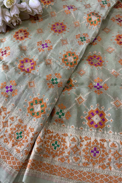 Pista Green Handloom Banarasi Pure Georgette Patola And Flower Design Meenakari Saree - Luxurion World