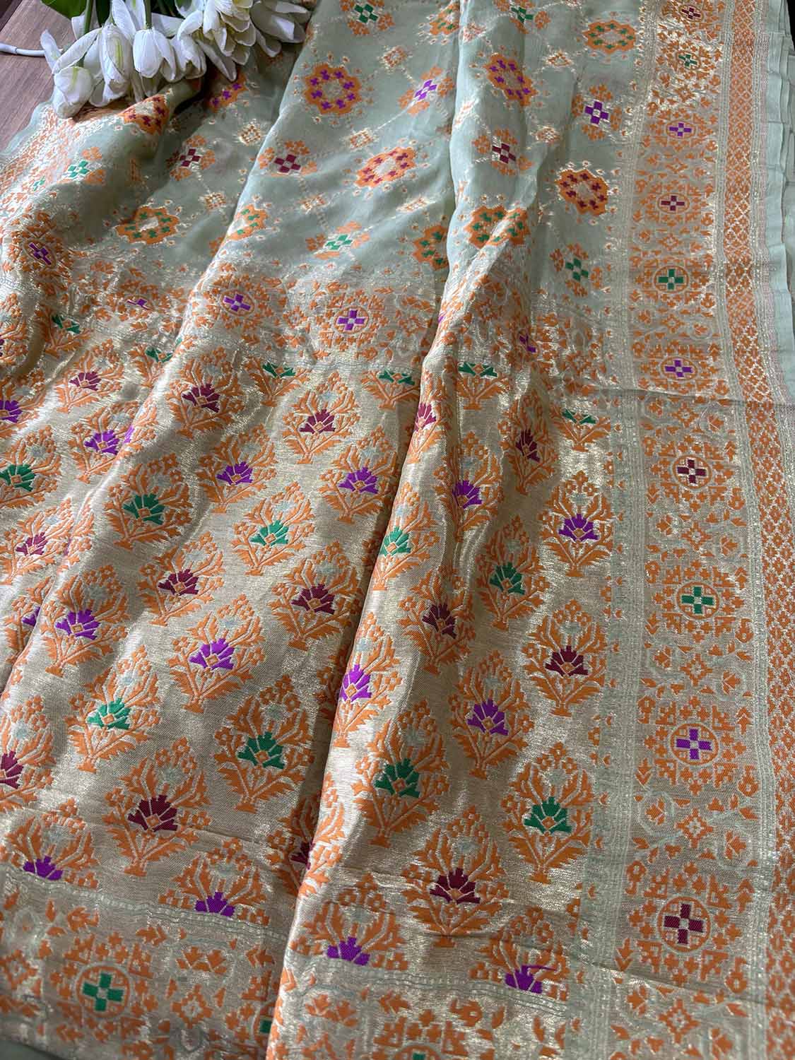 Pista Green Handloom Banarasi Pure Georgette Patola And Flower Design Meenakari Saree - Luxurion World