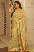 Pista Green Handloom Banarasi Pure Georgette Patola And Flower Design Meenakari Saree - Luxurion World