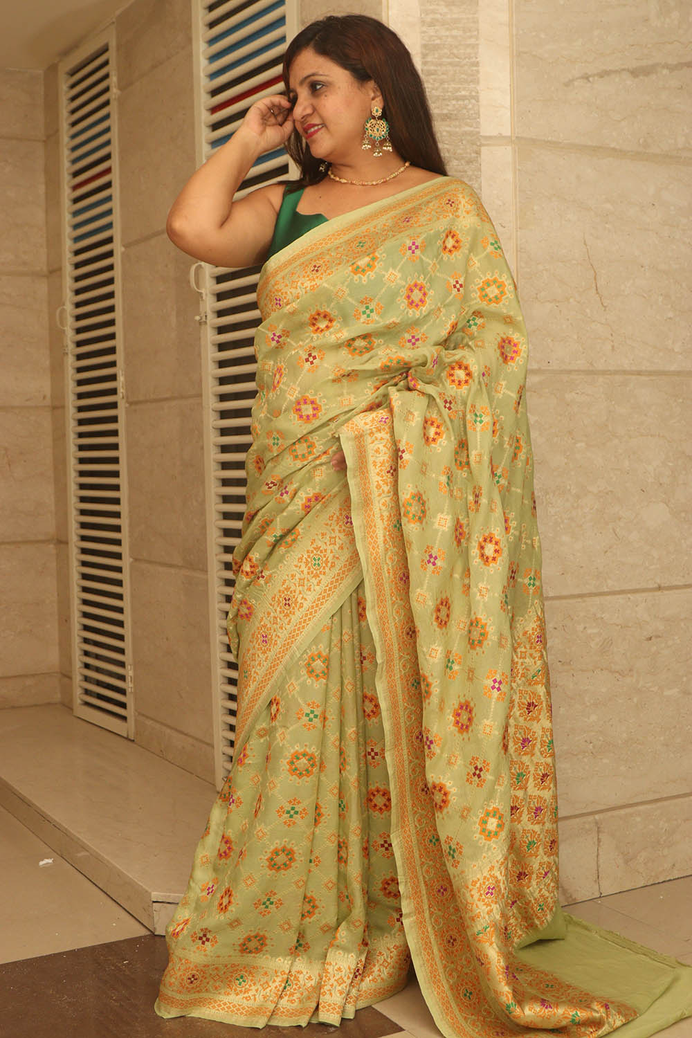 Pista Green Handloom Banarasi Pure Georgette Patola And Flower Design Meenakari Saree - Luxurion World