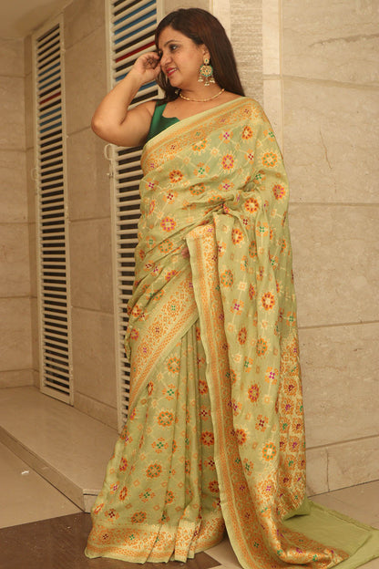 Pista Green Handloom Banarasi Pure Georgette Patola And Flower Design Meenakari Saree - Luxurion World