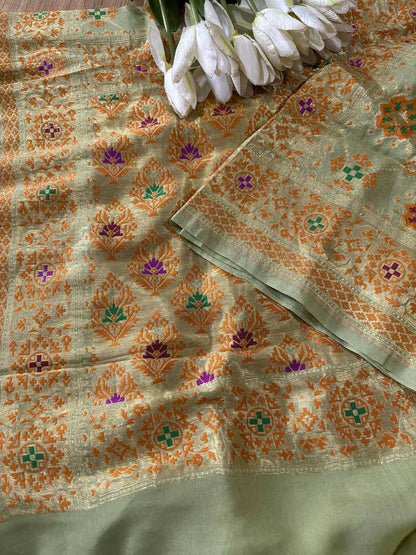Pista Green Handloom Banarasi Pure Georgette Patola And Flower Design Meenakari Saree - Luxurion World