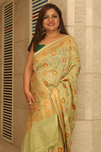 Pista Green Handloom Banarasi Pure Georgette Patola And Flower Design Meenakari Saree - Luxurion World