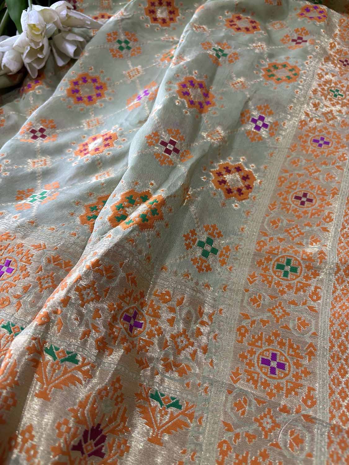 Pista Green Handloom Banarasi Pure Georgette Patola And Flower Design Meenakari Saree - Luxurion World