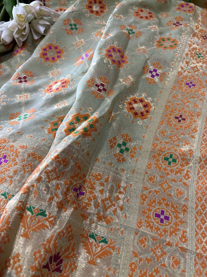 Pista Green Handloom Banarasi Pure Georgette Patola And Flower Design Meenakari Saree - Luxurion World