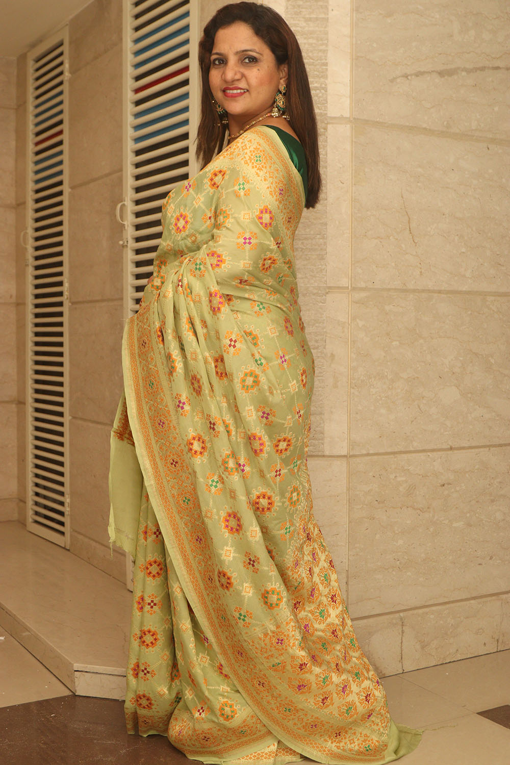 Pista Green Handloom Banarasi Pure Georgette Patola And Flower Design Meenakari Saree - Luxurion World