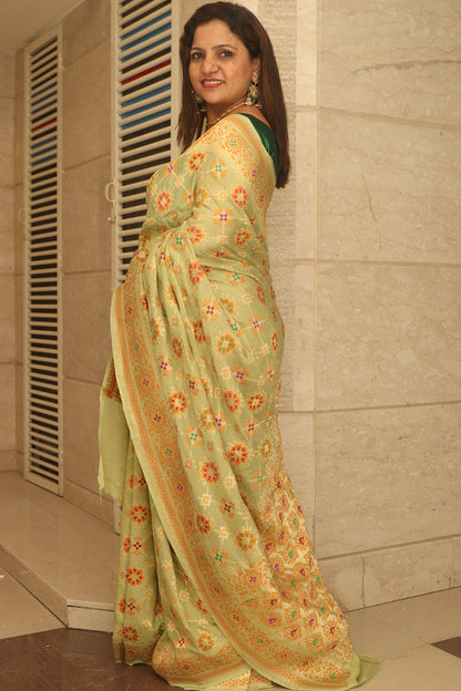 Pista Green Handloom Banarasi Pure Georgette Patola And Flower Design Meenakari Saree - Luxurion World
