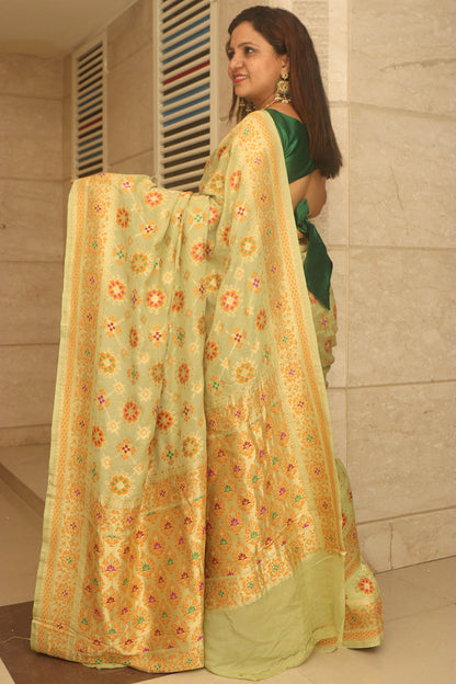 Pista Green Handloom Banarasi Pure Georgette Patola And Flower Design Meenakari Saree - Luxurion World