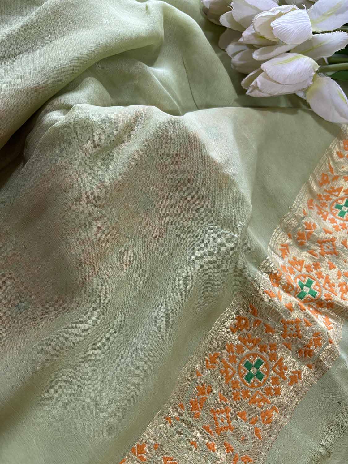Pista Green Handloom Banarasi Pure Georgette Patola And Flower Design Meenakari Saree - Luxurion World