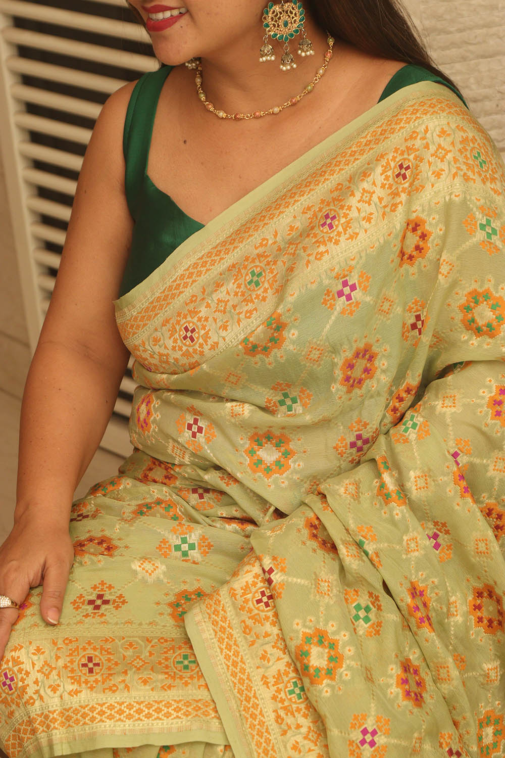 Pista Green Handloom Banarasi Pure Georgette Patola And Flower Design Meenakari Saree - Luxurion World