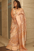 Pink Banarasi Handloom Meenakari Pure Tissue Silk Jangla Kadwa Weaved Flower Design Saree - Luxurion World