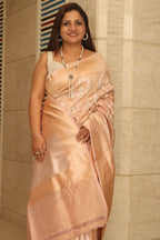 Pink Banarasi Handloom Meenakari Pure Tissue Silk Jangla Kadwa Weaved Flower Design Saree - Luxurion World