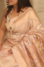 Pink Banarasi Handloom Meenakari Pure Tissue Silk Jangla Kadwa Weaved Flower Design Saree - Luxurion World