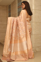 Pink Banarasi Handloom Meenakari Pure Tissue Silk Jangla Kadwa Weaved Flower Design Saree - Luxurion World