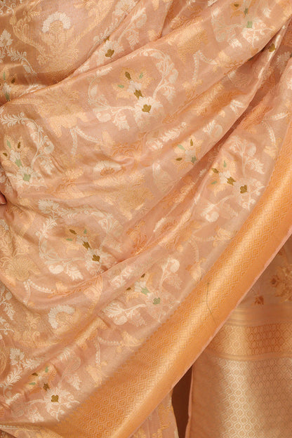 Pink Banarasi Handloom Meenakari Pure Tissue Silk Jangla Kadwa Weaved Flower Design Saree - Luxurion World