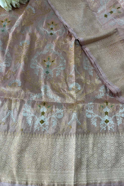 Pink Banarasi Handloom Meenakari Pure Tissue Silk Jangla Kadwa Weaved Flower Design Saree - Luxurion World