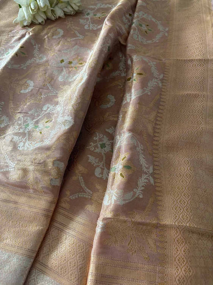 Pink Banarasi Handloom Meenakari Pure Tissue Silk Jangla Kadwa Weaved Flower Design Saree - Luxurion World