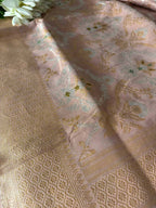 Pink Banarasi Handloom Meenakari Pure Tissue Silk Jangla Kadwa Weaved Flower Design Saree - Luxurion World