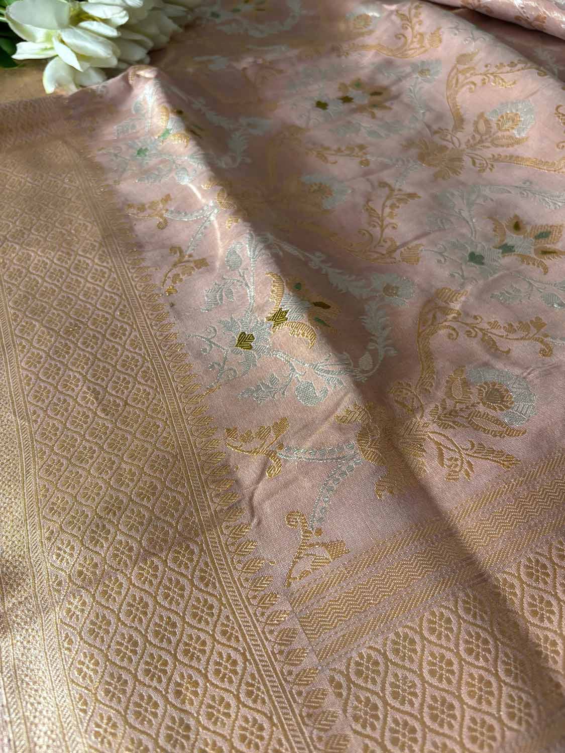 Pink Banarasi Handloom Meenakari Pure Tissue Silk Jangla Kadwa Weaved Flower Design Saree - Luxurion World