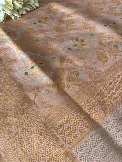 Pink Banarasi Handloom Meenakari Pure Tissue Silk Jangla Kadwa Weaved Flower Design Saree - Luxurion World