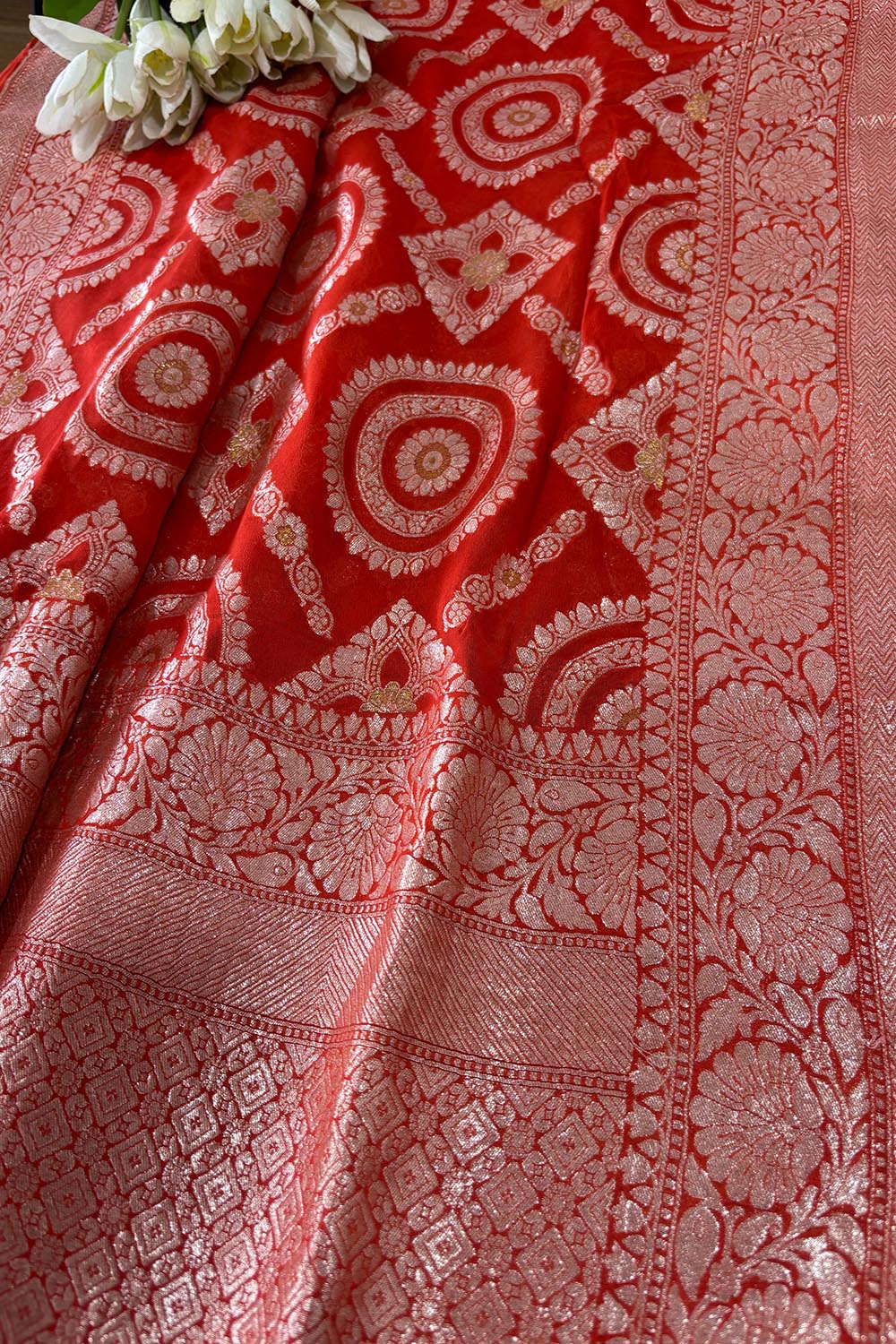Elegant Orange Banarasi Handloom Pure Georgette Jaal Design Saree - Luxurion World