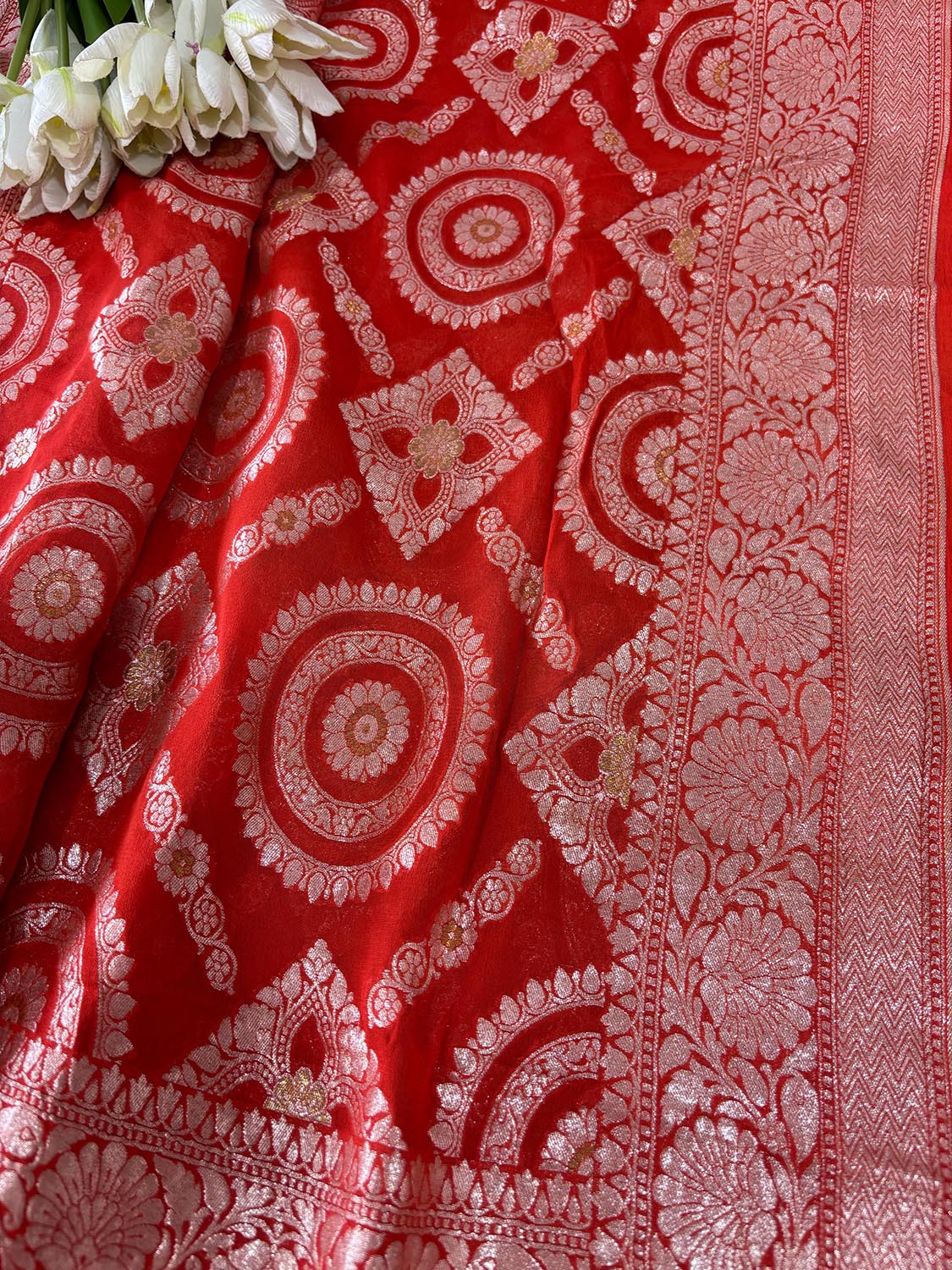 Elegant Orange Banarasi Handloom Pure Georgette Jaal Design Saree - Luxurion World