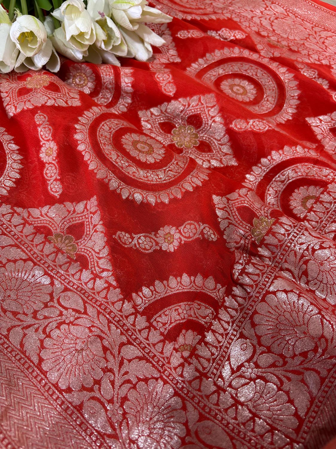 Elegant Orange Banarasi Handloom Pure Georgette Jaal Design Saree - Luxurion World