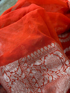 Elegant Orange Banarasi Handloom Pure Georgette Jaal Design Saree - Luxurion World