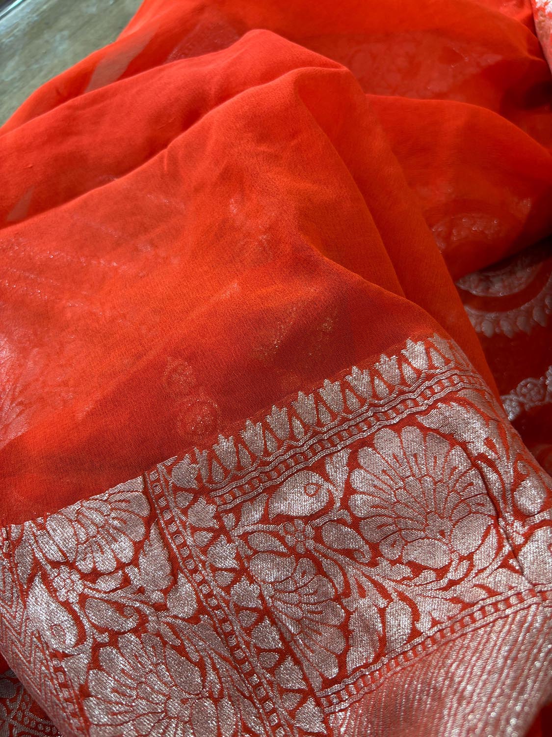 Elegant Orange Banarasi Handloom Pure Georgette Jaal Design Saree - Luxurion World