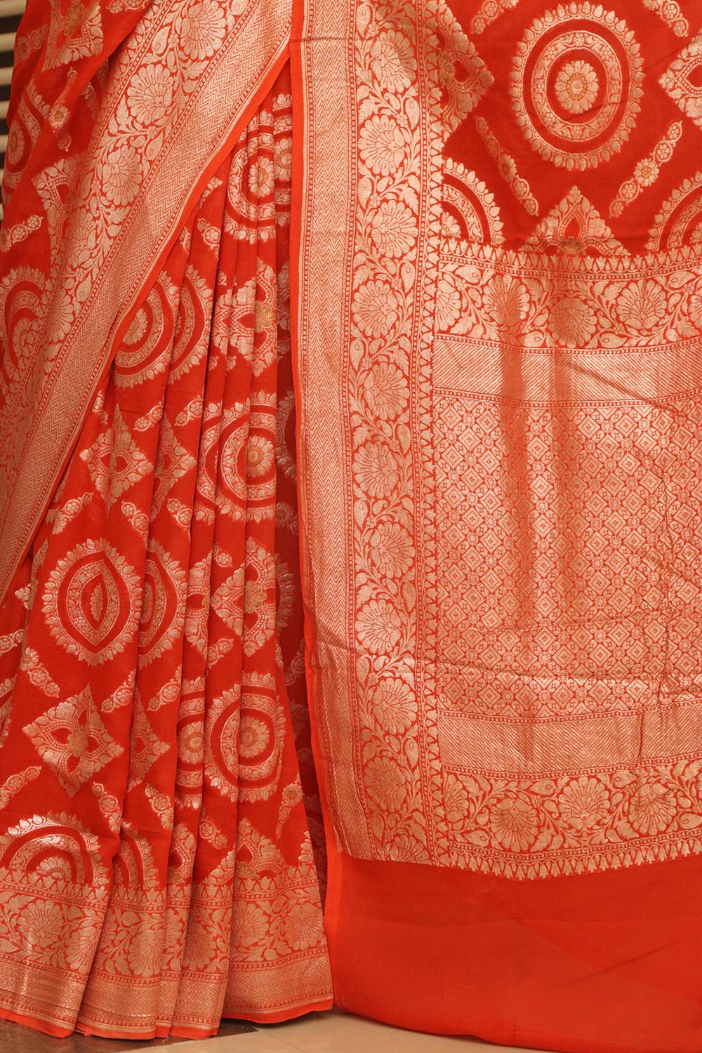 Elegant Orange Banarasi Handloom Pure Georgette Jaal Design Saree - Luxurion World