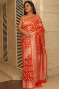 Elegant Orange Banarasi Handloom Pure Georgette Jaal Design Saree - Luxurion World