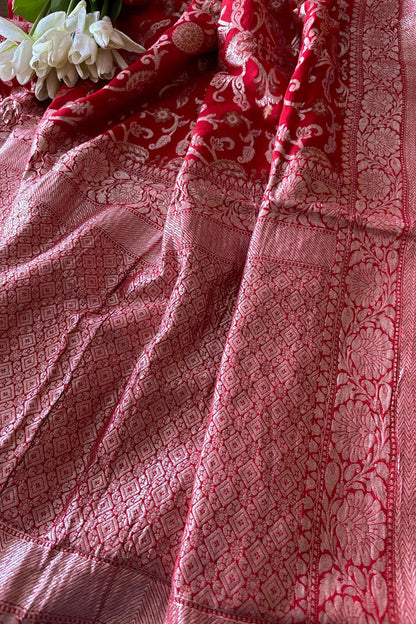 Red Banarasi Handloom Pure Georgette Jaal Design Saree - Luxurion World