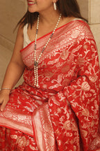 Red Banarasi Handloom Pure Georgette Jaal Design Saree - Luxurion World