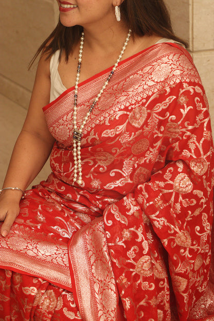Red Banarasi Handloom Pure Georgette Jaal Design Saree - Luxurion World