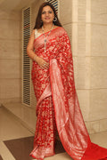 Red Banarasi Handloom Pure Georgette Jaal Design Saree - Luxurion World