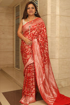 Red Banarasi Handloom Pure Georgette Jaal Design Saree - Luxurion World