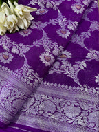 Elegant Purple Banarasi Handloom Pure Georgette Jaal Design Saree - Luxurion World