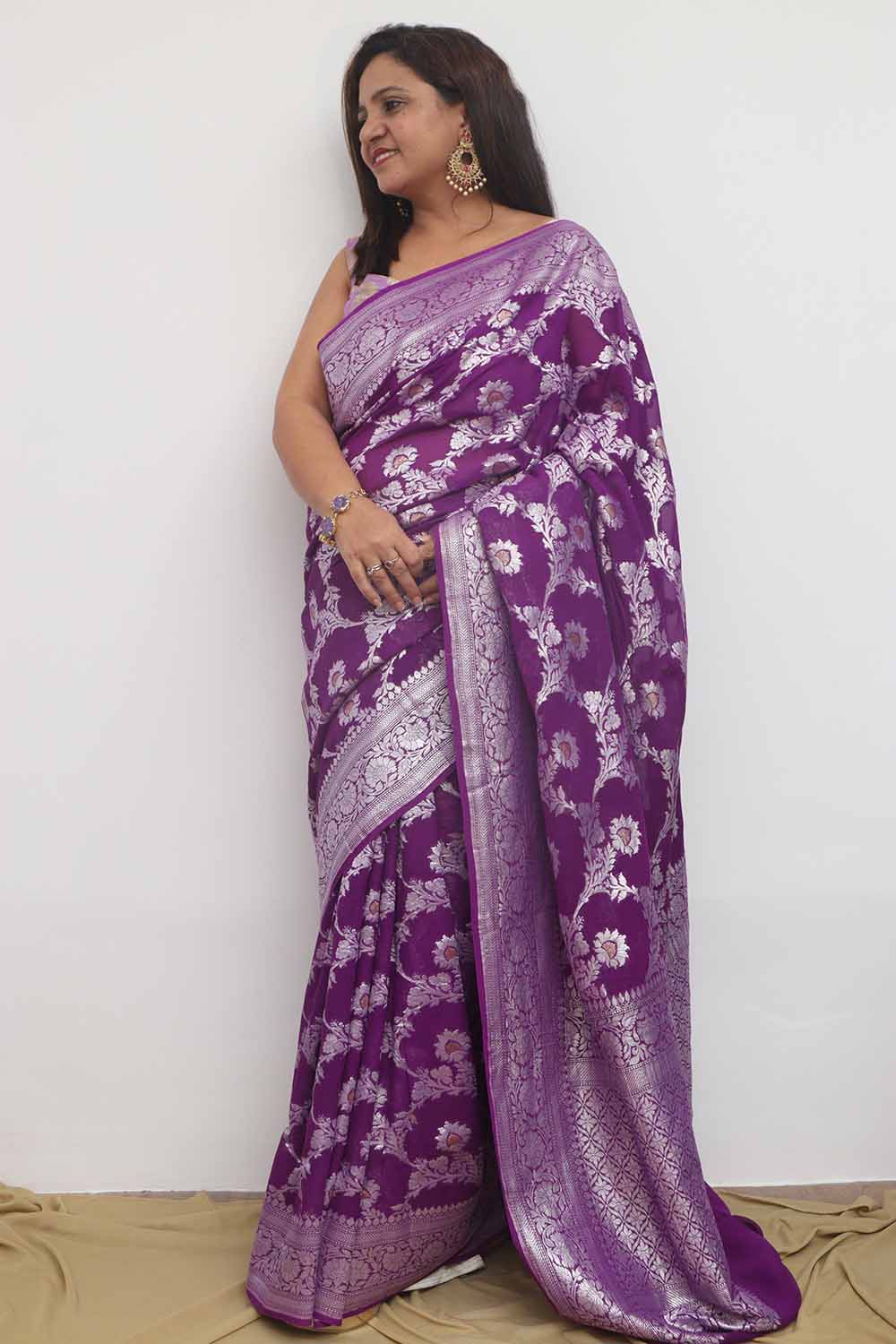 Elegant Purple Banarasi Handloom Pure Georgette Jaal Design Saree - Luxurion World