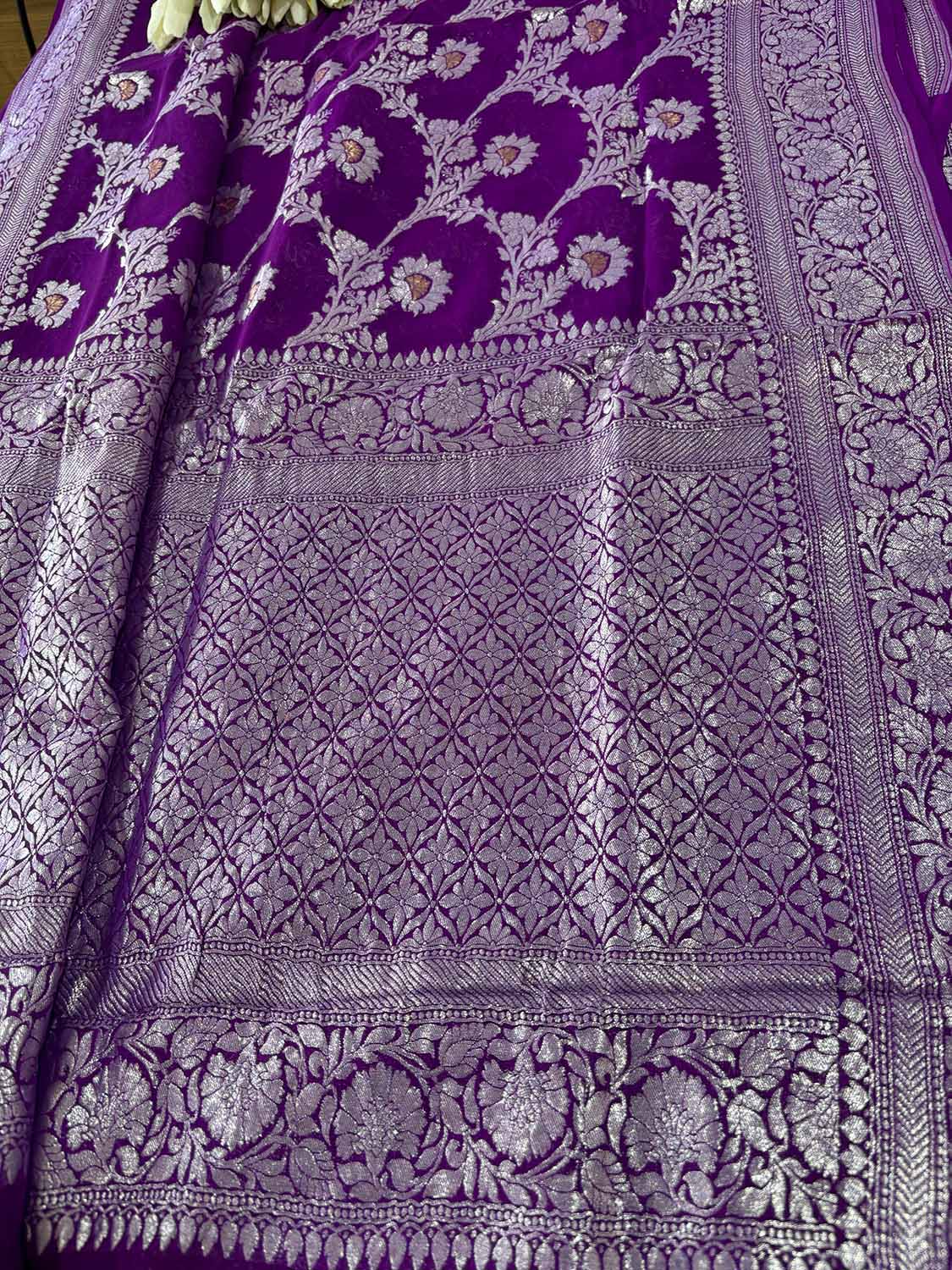 Elegant Purple Banarasi Handloom Pure Georgette Jaal Design Saree - Luxurion World