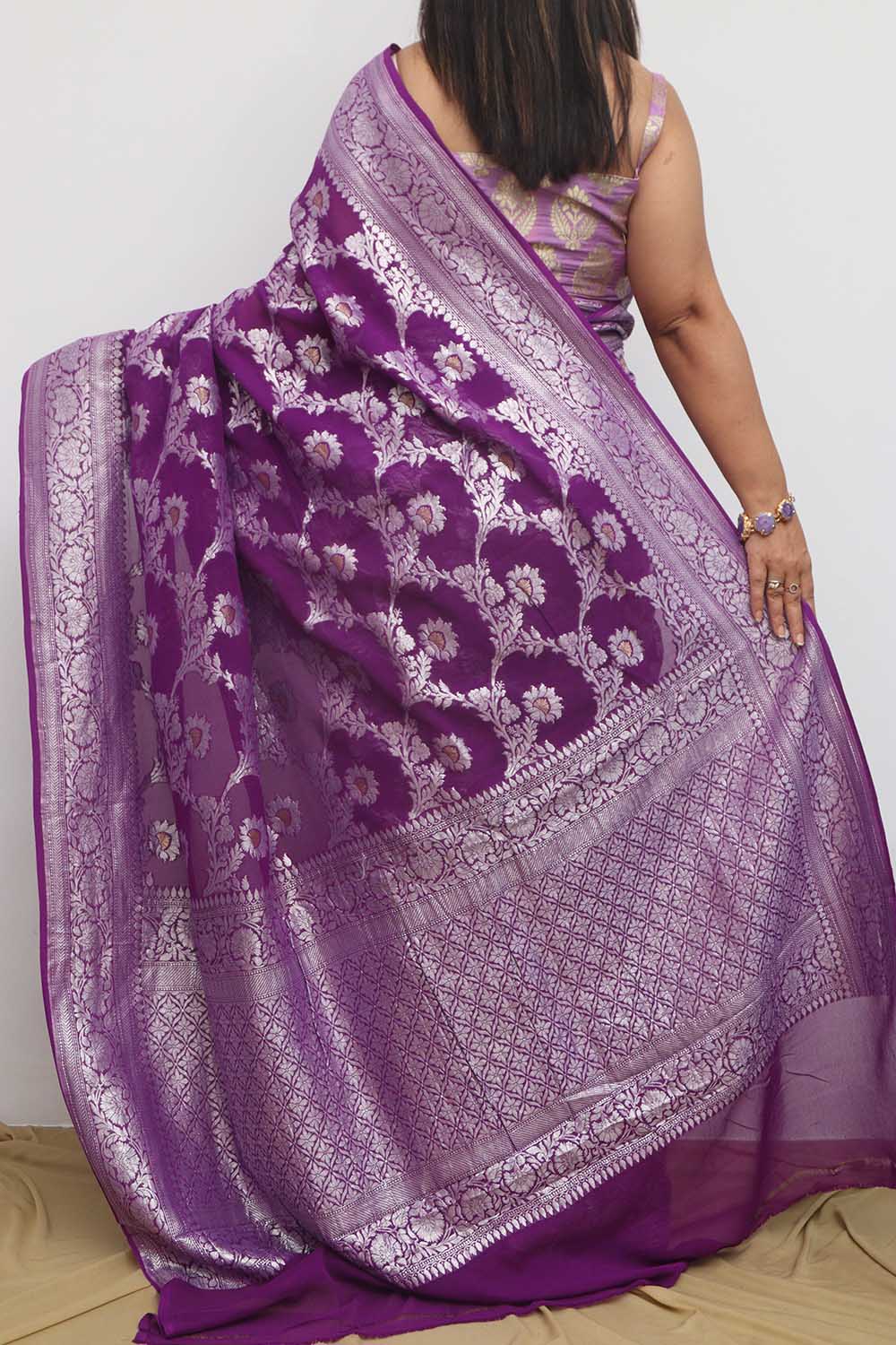 Elegant Purple Banarasi Handloom Pure Georgette Jaal Design Saree - Luxurion World
