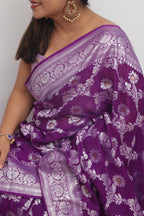 Elegant Purple Banarasi Handloom Pure Georgette Jaal Design Saree - Luxurion World